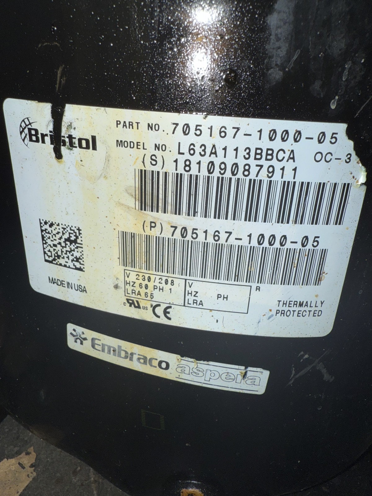 BRISTOL 2HP SINGLE PHASE COMPRESSOR - ELECTRO FREEZE OBSOLETE 119540