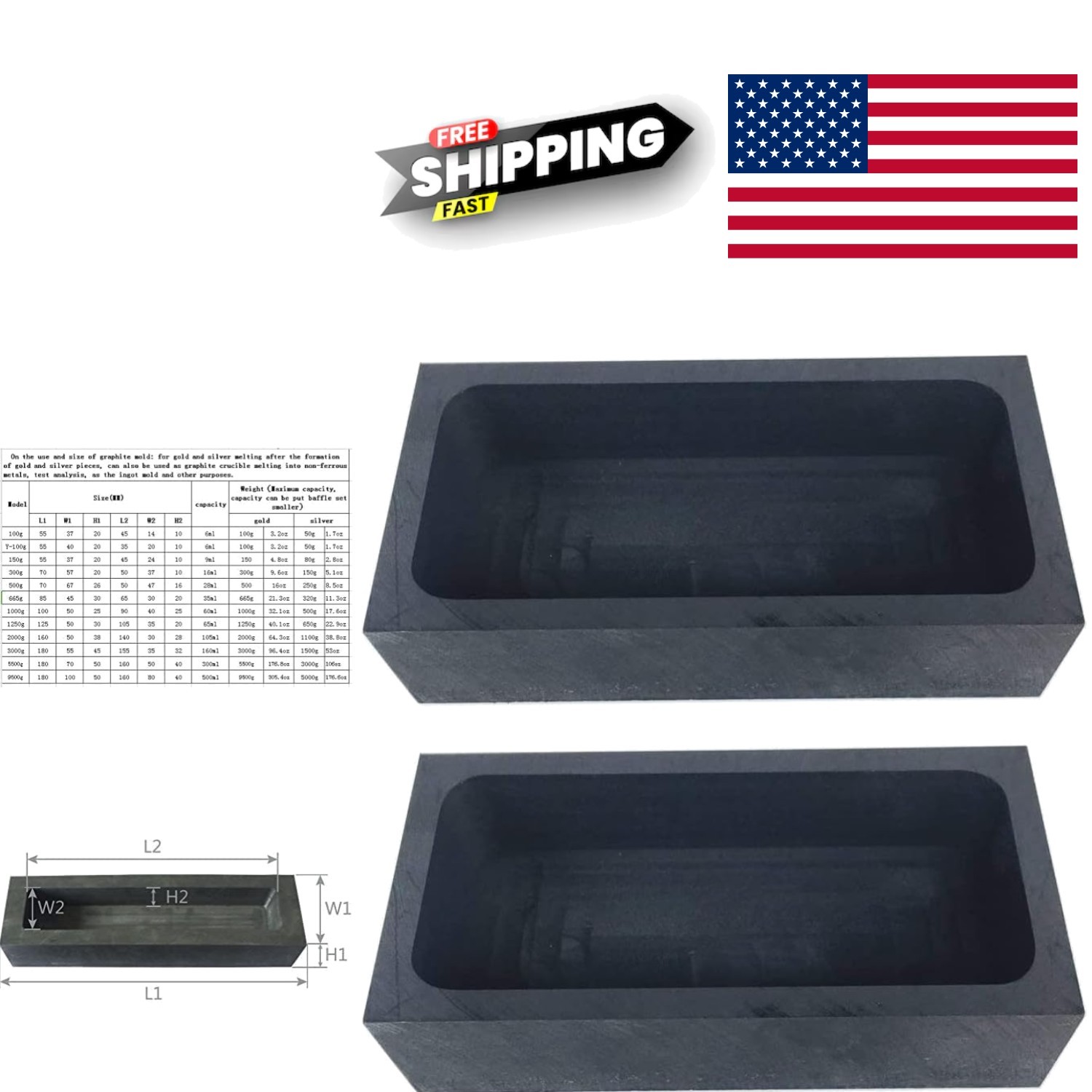 Graphite Ingot Mold 2pcs 1kg Rectangular Shape for Melting and Casting