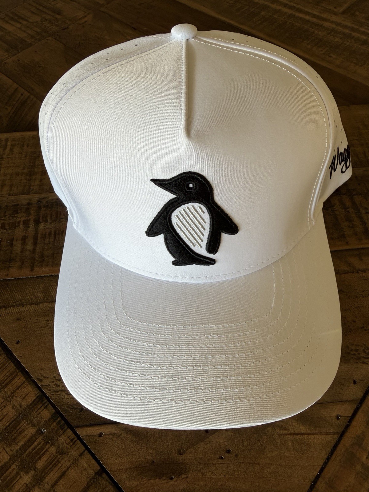 Waggle Perforated Snapback Baseball Cap, Penguin Logo, White/Black One Size