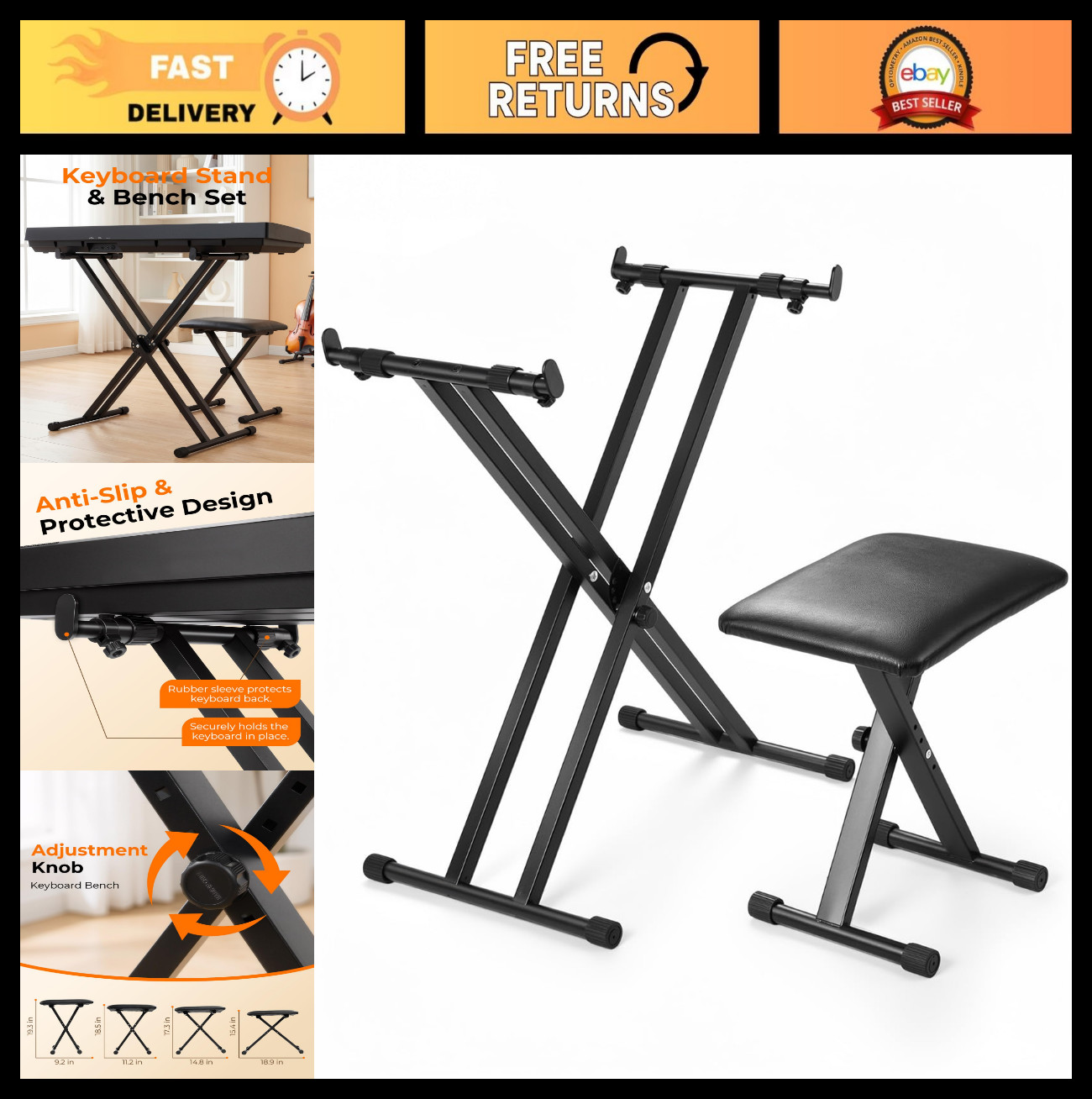 Adjustable Double-X Keyboard Stand & Bench Set - Heavy-Duty, Foldable, 7 Height
