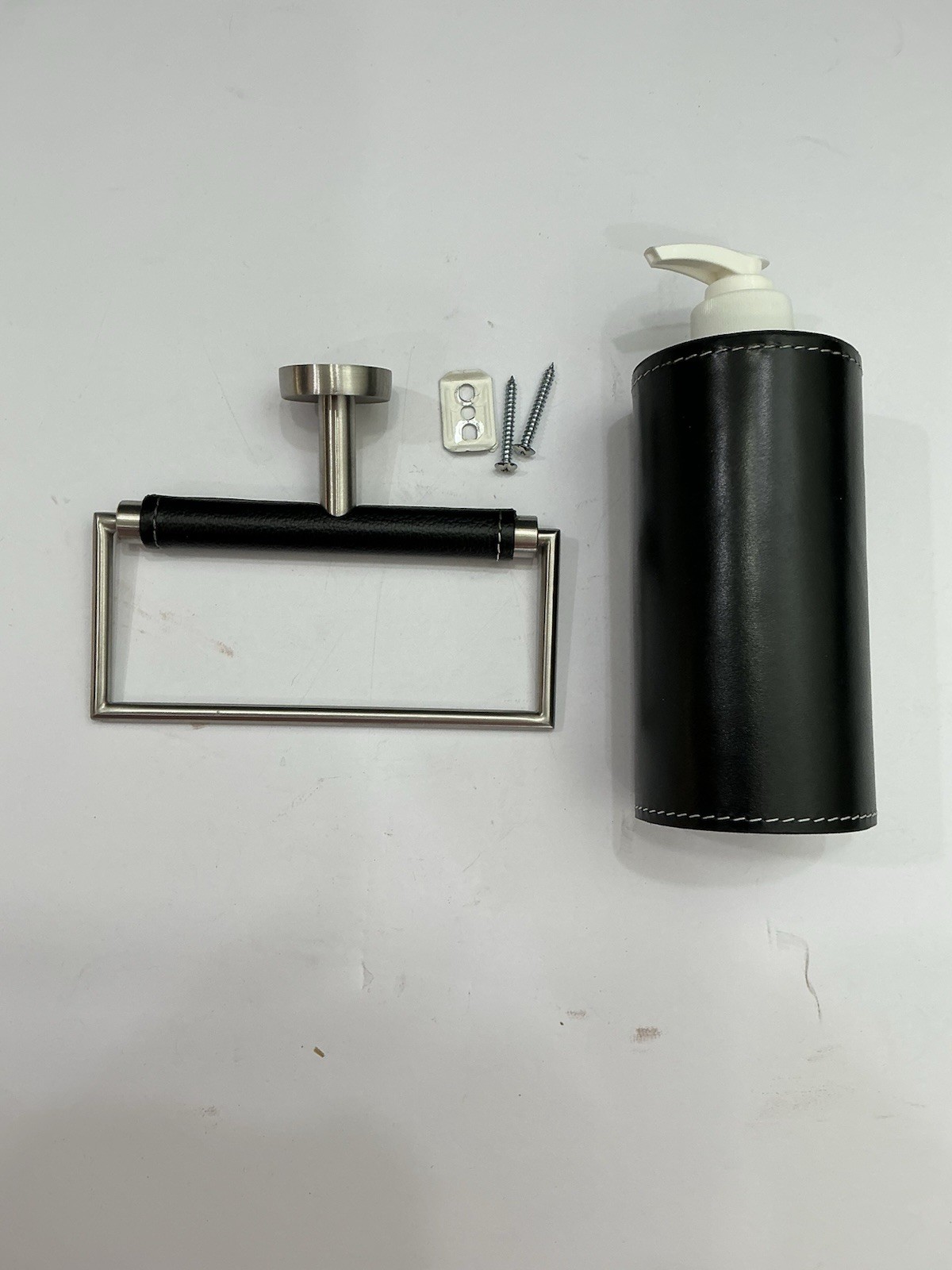 Zanzibar Stnlss Steel & Black Leather Trim Toilet Paper Holder & Soap Dispenser