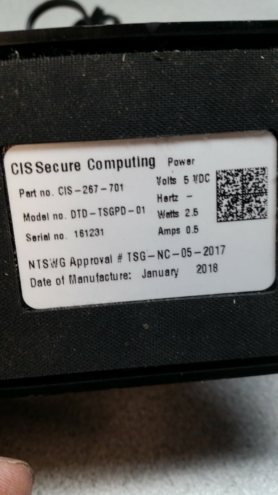 CIS SECURE COMPUTING P/N CIS-267-701 MODEL No. DTD-TSGPD-01