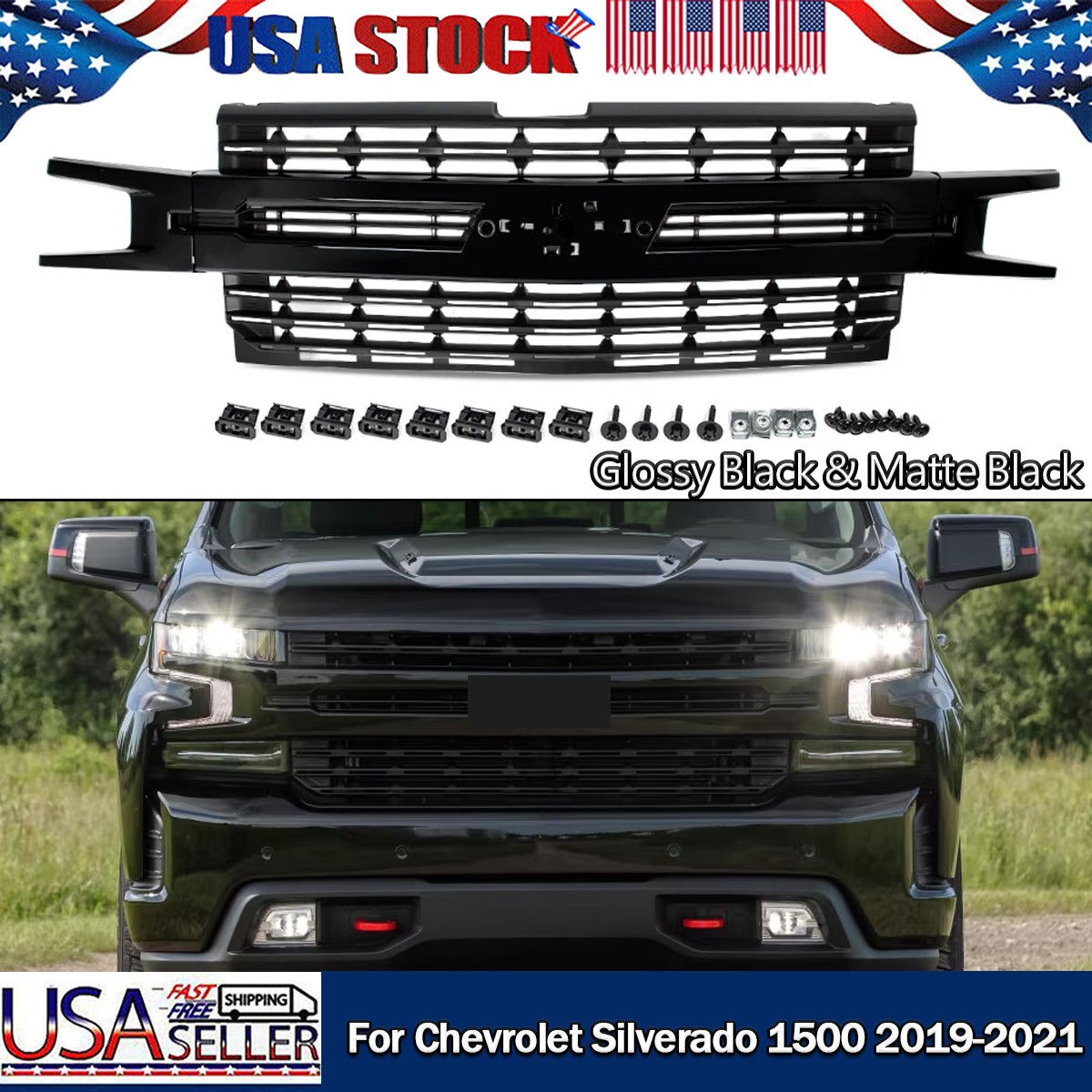 GLOSS BLACK FRONT BUMPER GRILLE UPPER GRILL FITS 2019-2021 SILVERADO 1500 LT RST