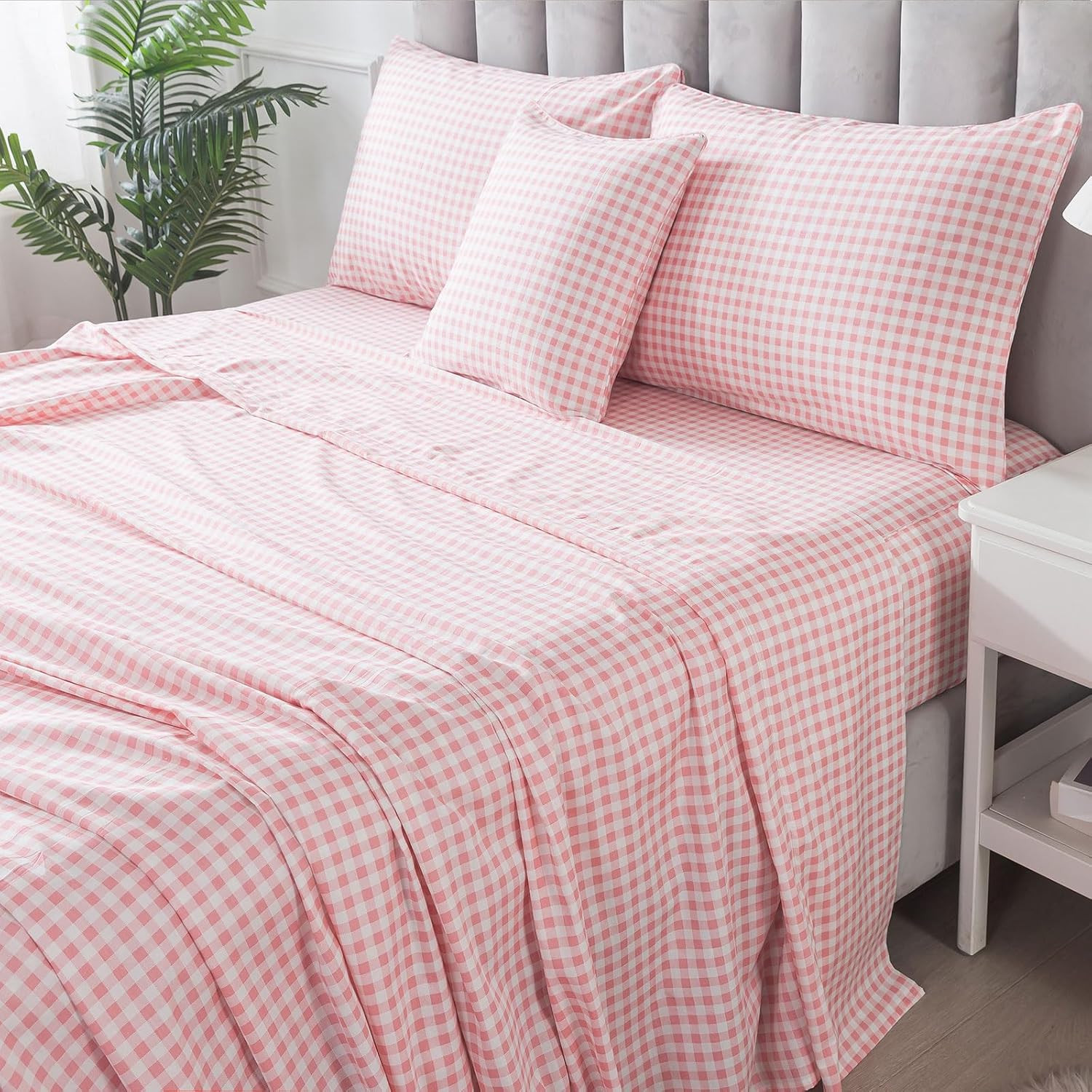 Ultra Soft Pink Plaid King Size Cotton Sheets with 2 Pillowcases - 4Pcs Set