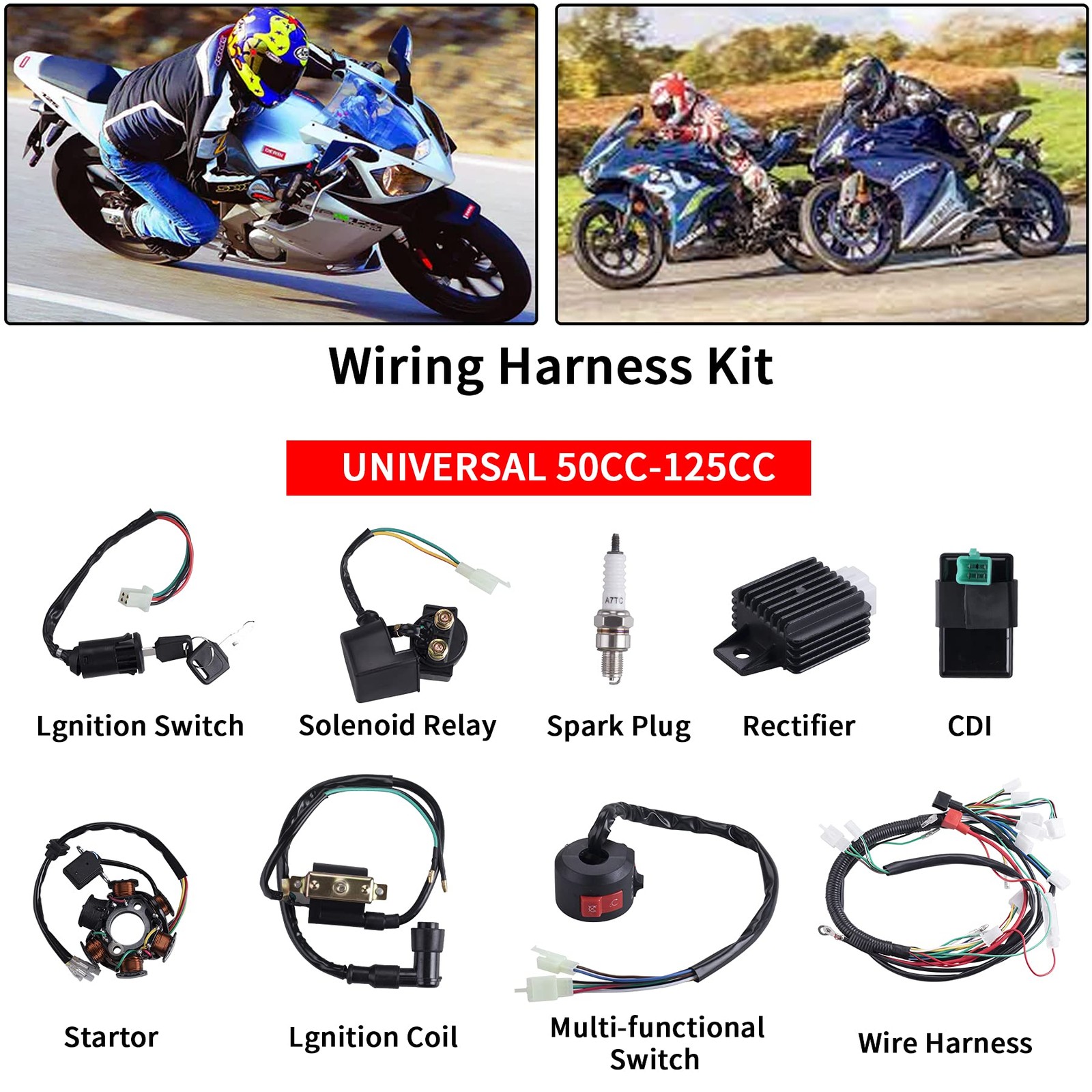 Wiring Harness Coil Stator Relay CDI Spark Plug for 50cc-125cc ATVs