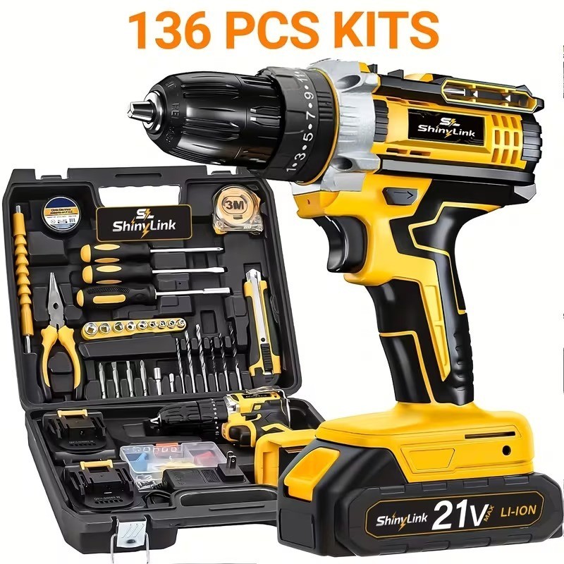 21V Cordless Drill Set 136pcs Electric Drill Driver Tool Kit 2 Batteries w/ Box
