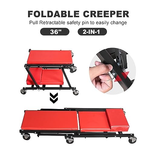 36" Rolling Foldable Automotive Creeper, 2-in-1 Garage Red Foldable Creeper
