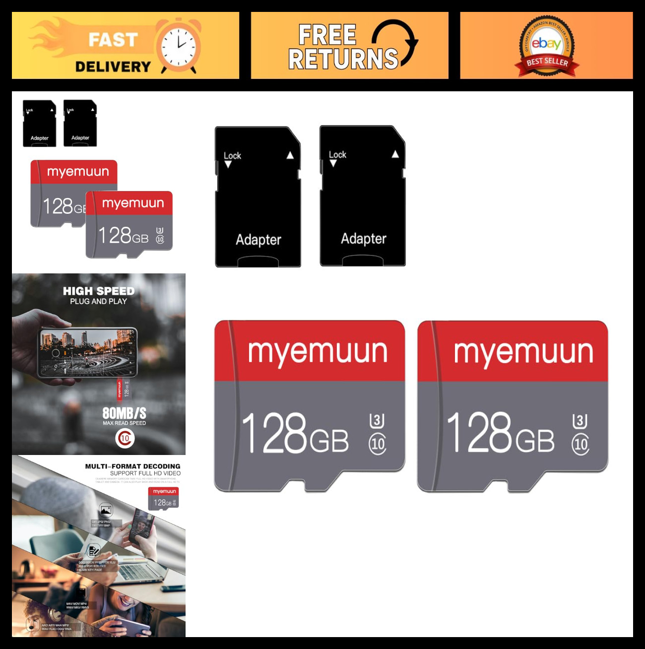 128GB TF Memory Cards - 2 Pack with Adapter, C10 U3 UHS-1 A1 for Smartphone, PC,