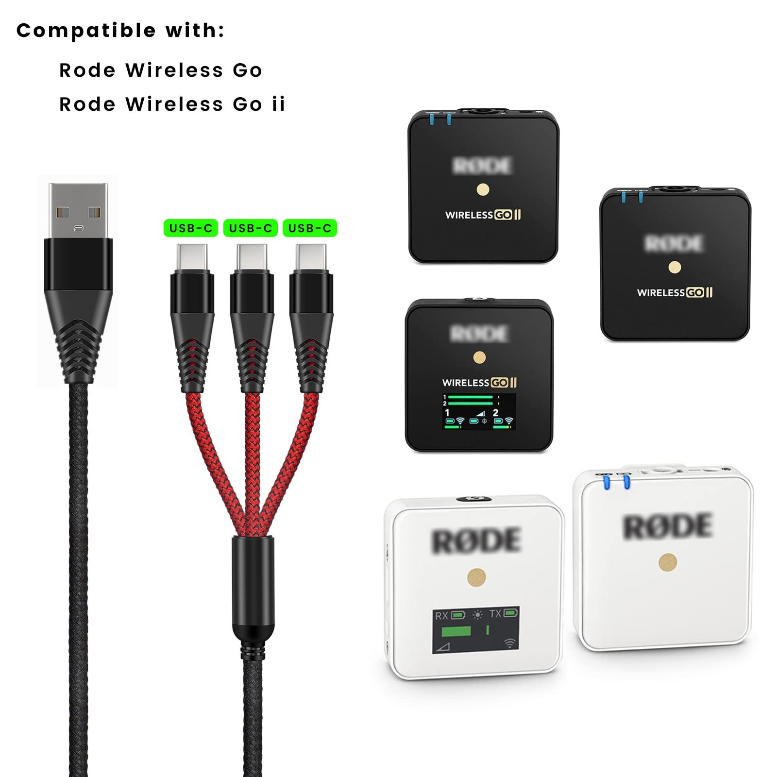 3-in-1 USB C Cable Replacement for Rode Wireless Go II Microphone System, Nyl...