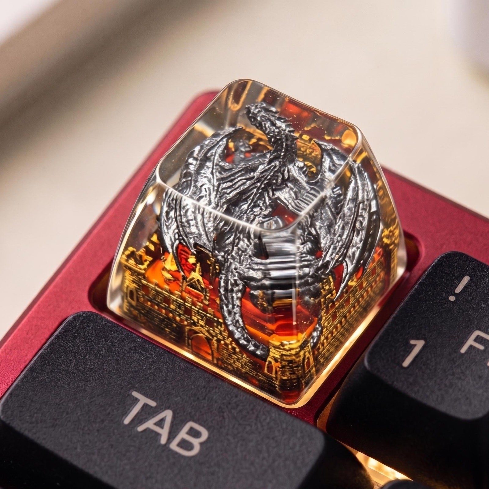 Hand-Sculpted Silver Dragon Resin Keycap - Gothic Castle, MX Mechanical