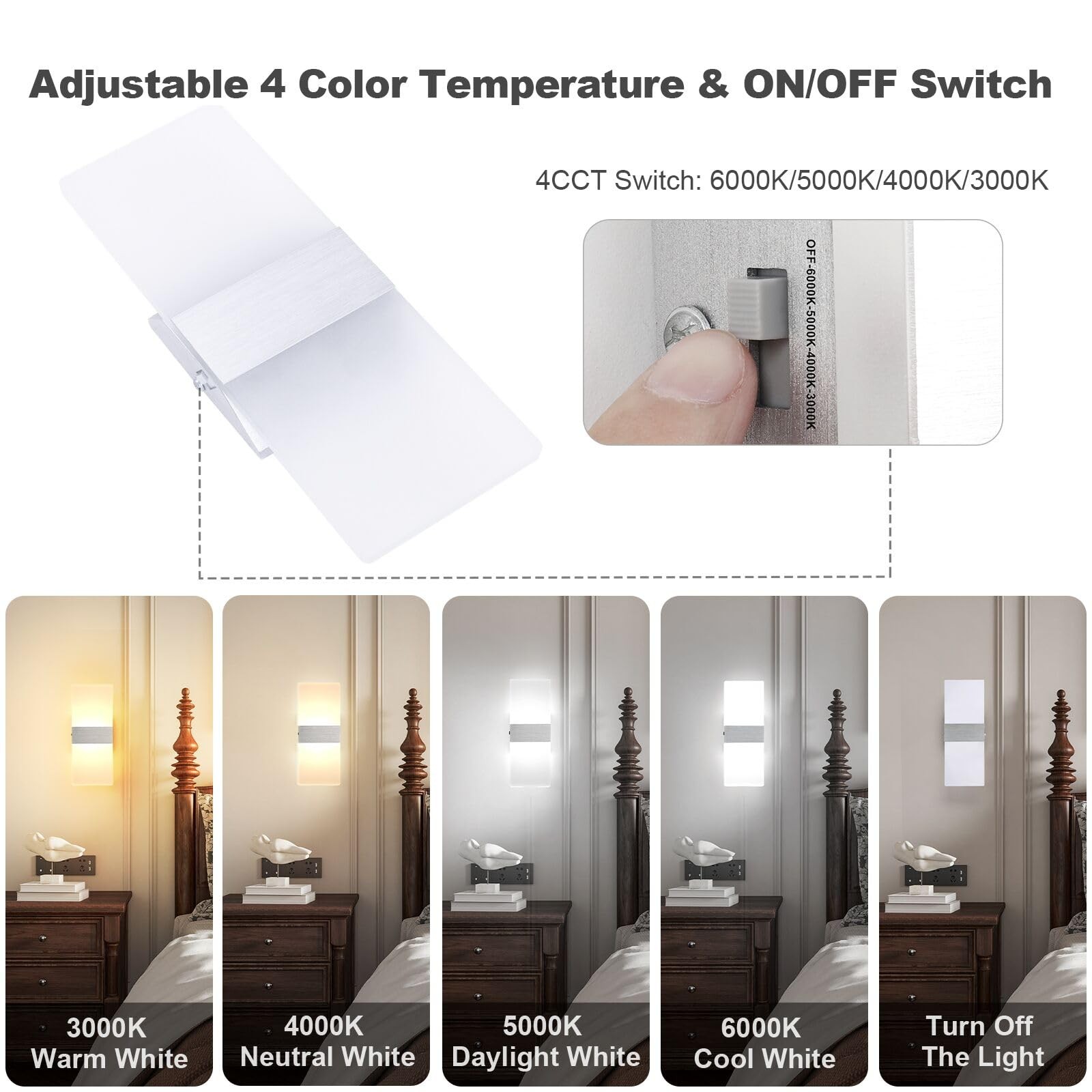 Dimmable LED Wall Sconces, 4 Color Temperature 12W Modern Wall Sconce Wall Mo...