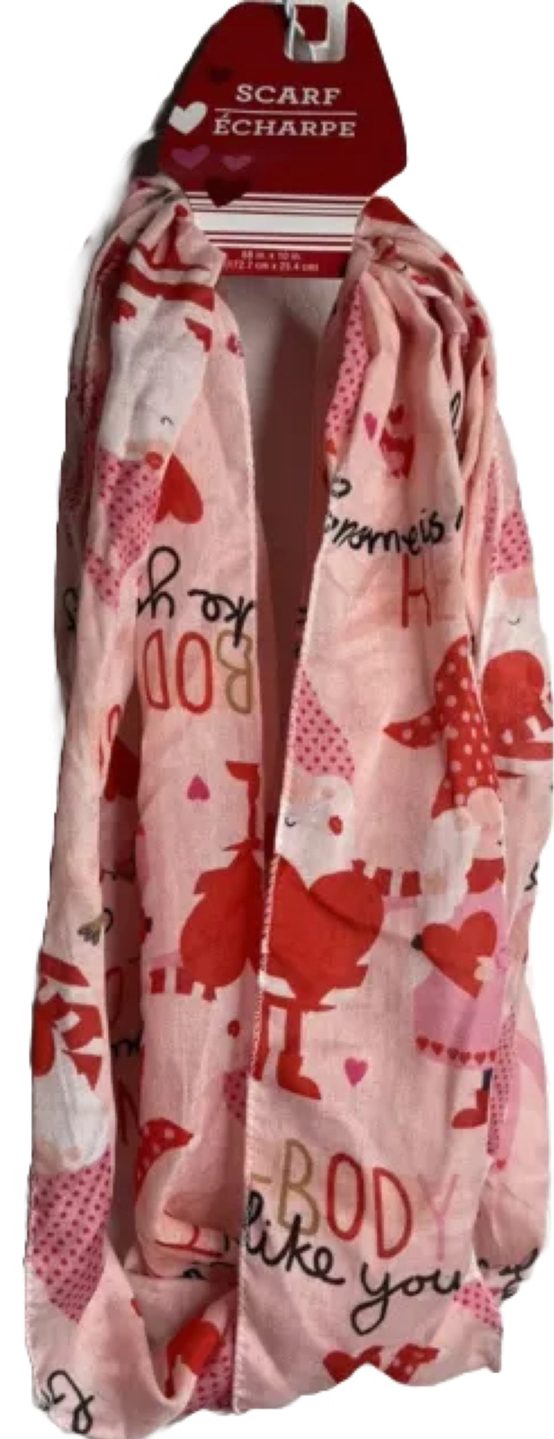 NEW Scarf Hearts & Gnomes Valentines 11x60  Lightweight Pink Red