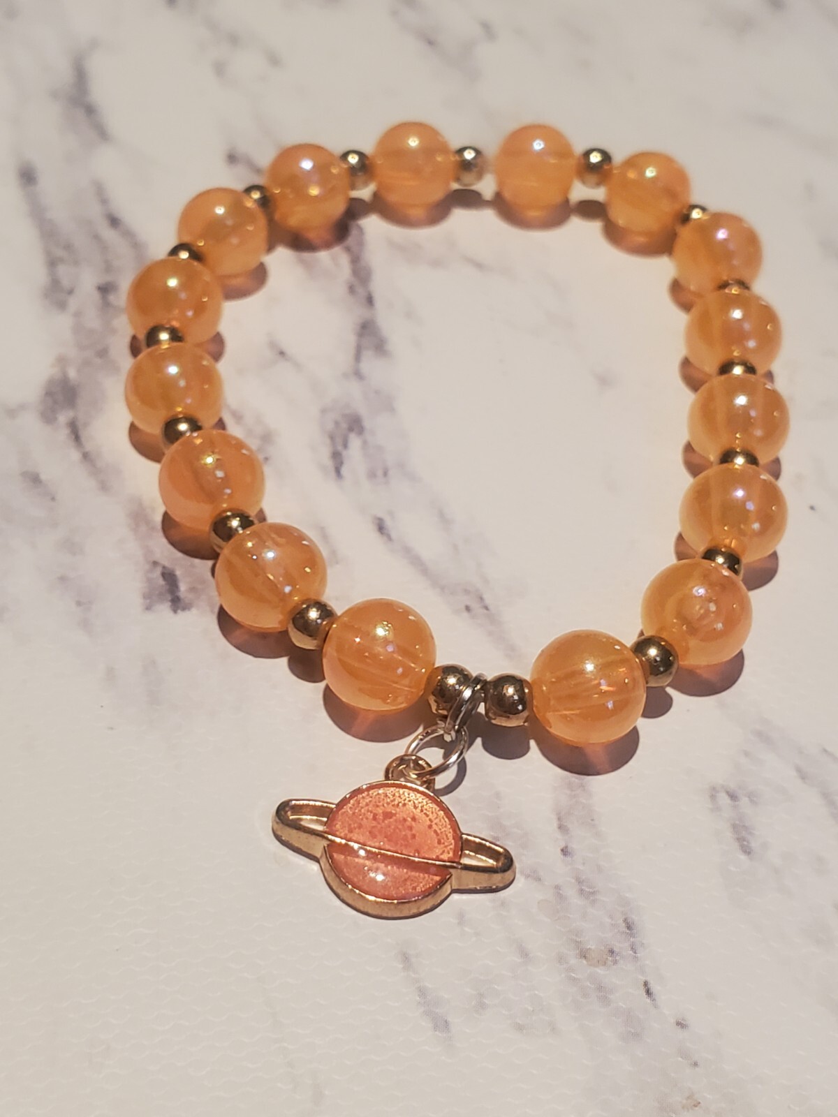 Cute Handmade Orange Saturn Charm  Bracelet Orange & Gold Beads