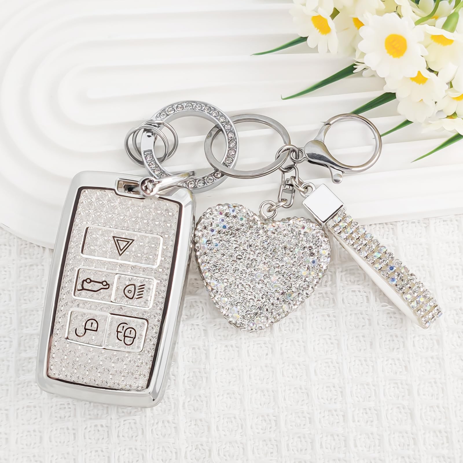 Nomiyo Key Fob Cover with Diamond, Compatible L-Rover 2018-2025~, Silver