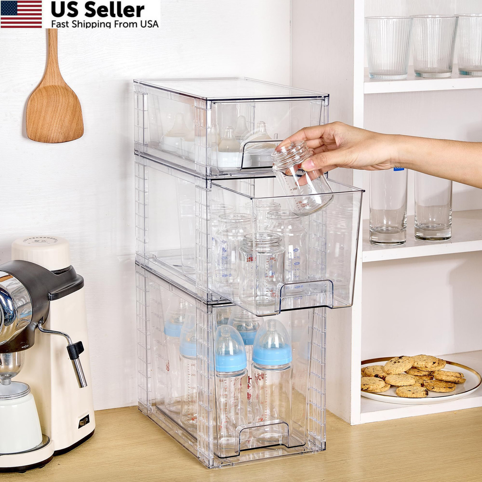 Vtopmart 3 Pack Clear Stackable Storage Drawers,Easy to Assemble Transparent