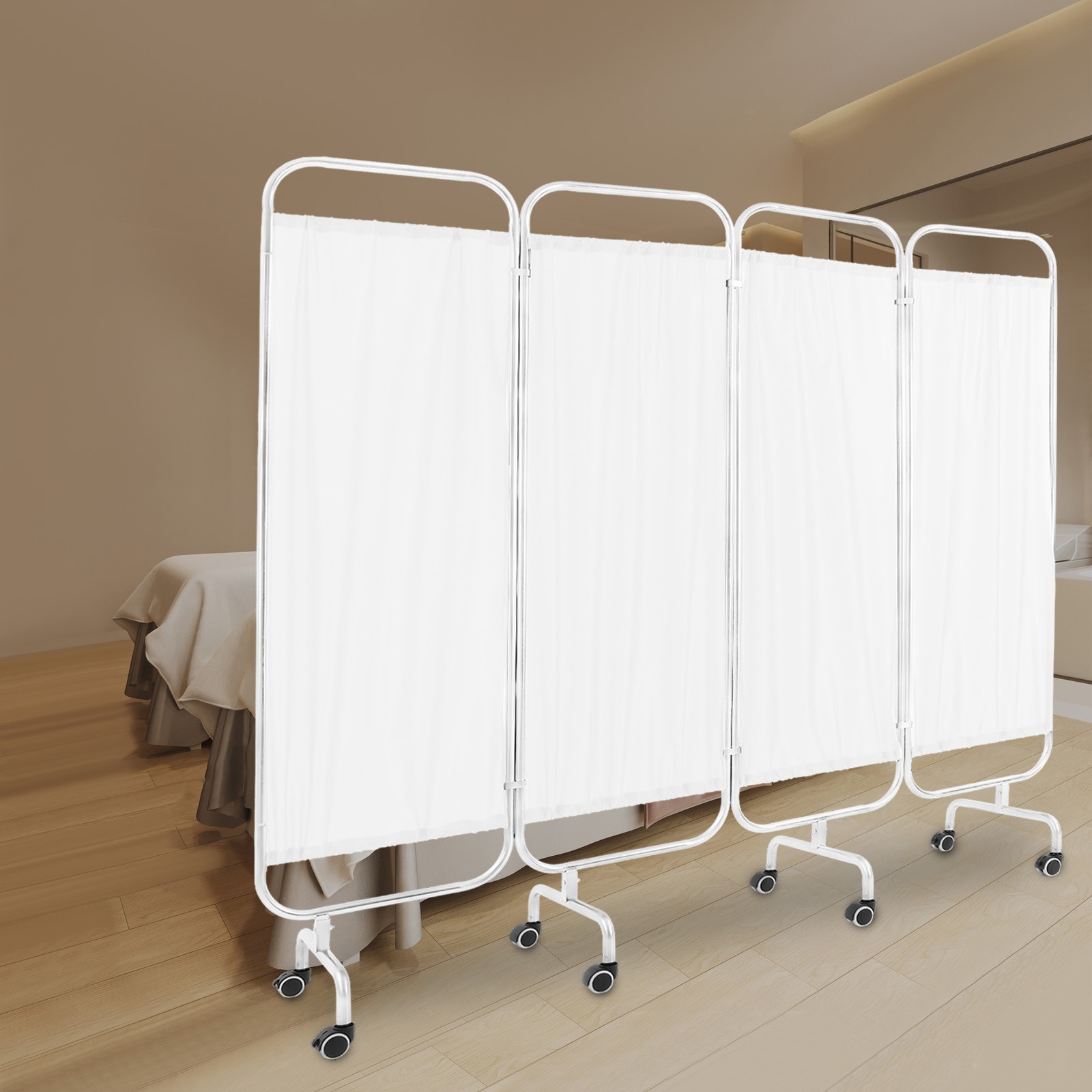 4 Panel Room Divider Rolling Folding Privacy Partition Screens Separation White