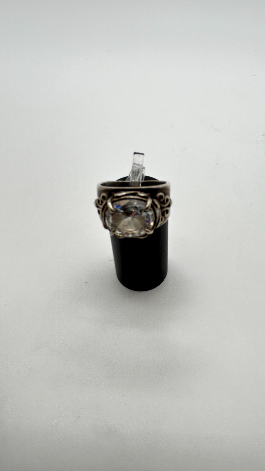 Unsigned Sterling Silver Clear Faceted Gemstone Ring Vintage Scrollwork Ring