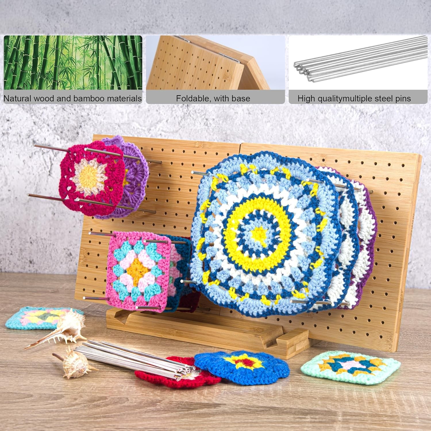 Crochet Blocking Board with Pegs & Accessories - 15.5x7.7 inch Knitting Board...