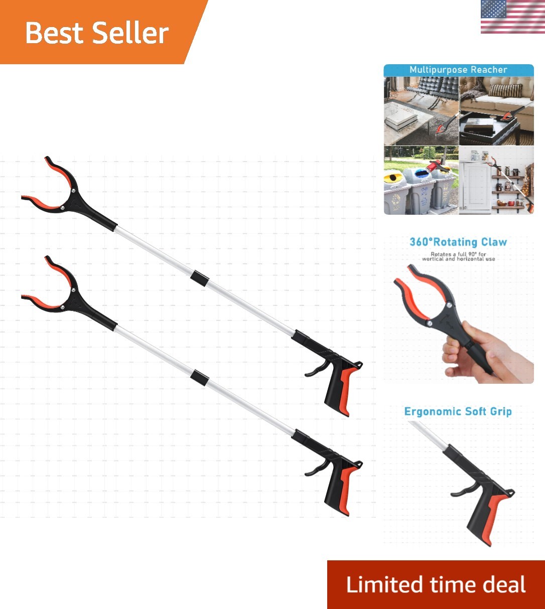 Grabber Reacher Tool, 32" Foldable, Orange, 2Pack | Lightweight, Extra Long, ...