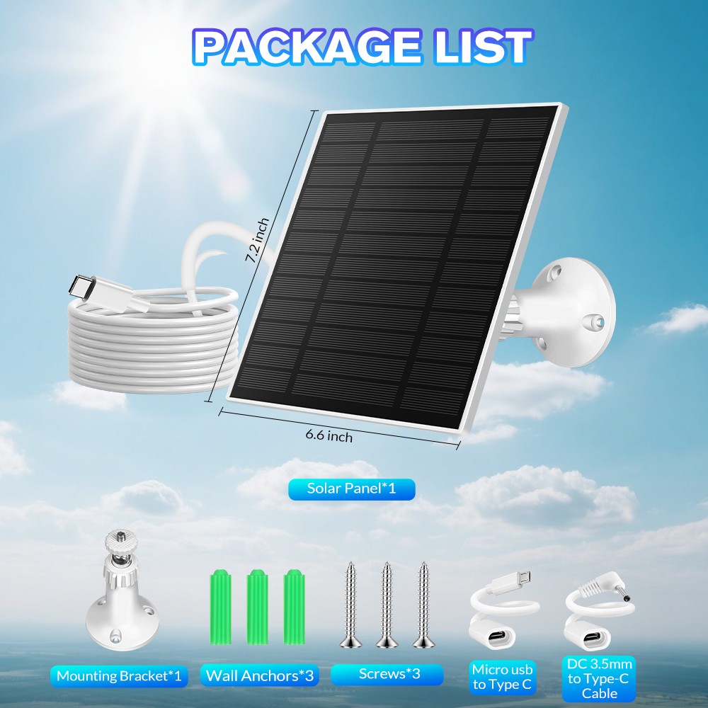 Solar Panel for Security Camera, 10W Solar Charger with Micro USB & Type-C Port