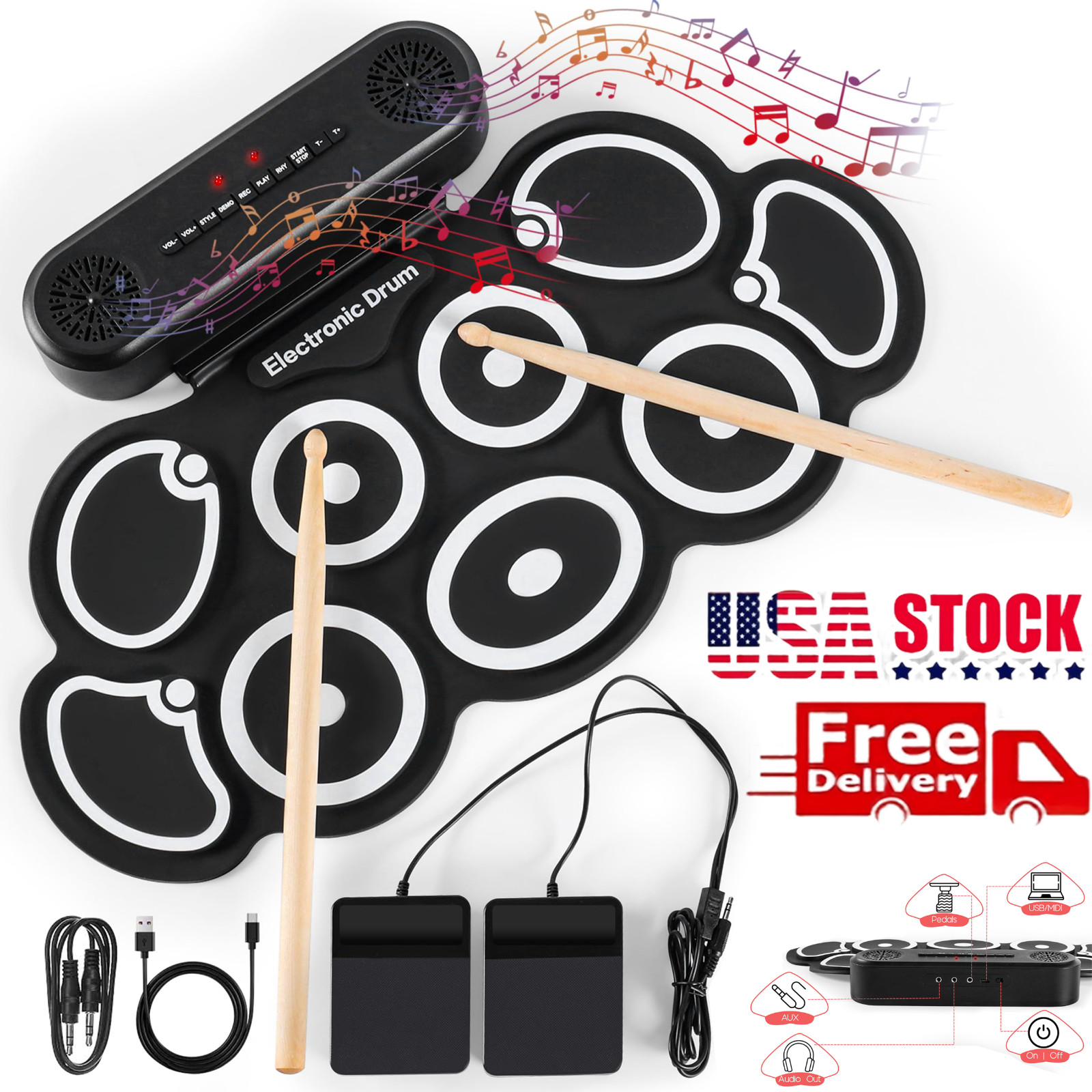 Electronic Drum Set 9 Pads Drum Practice Pad Kit Roll-Up Electric Drum Set