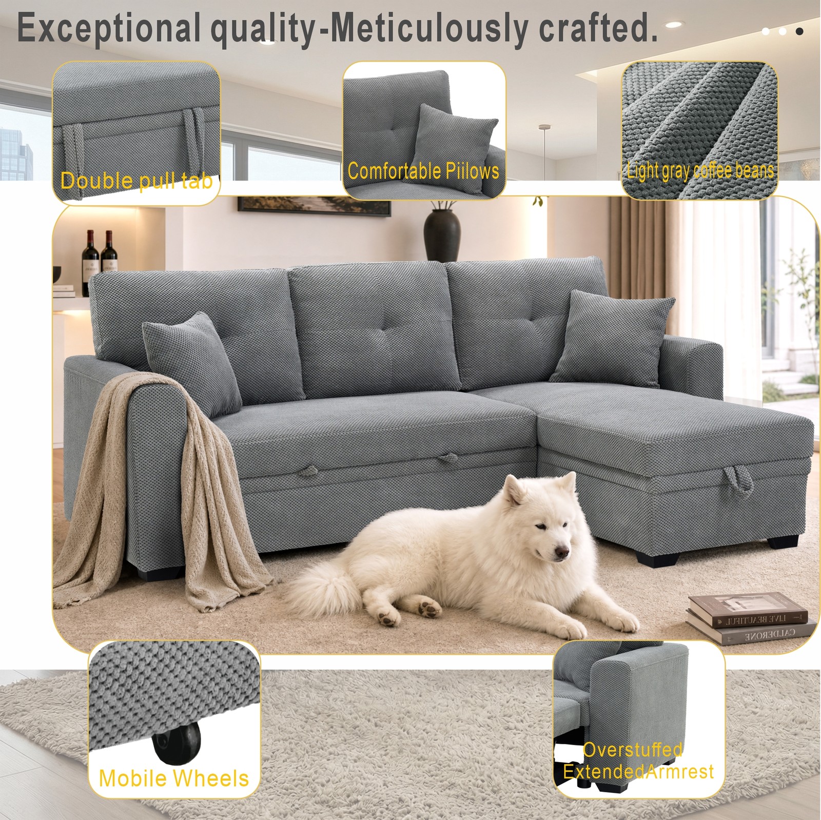 L-Shaped Sofa Sectional Loveseat Couch Convertible Sleeper Sofa w/Pull-Out Bed