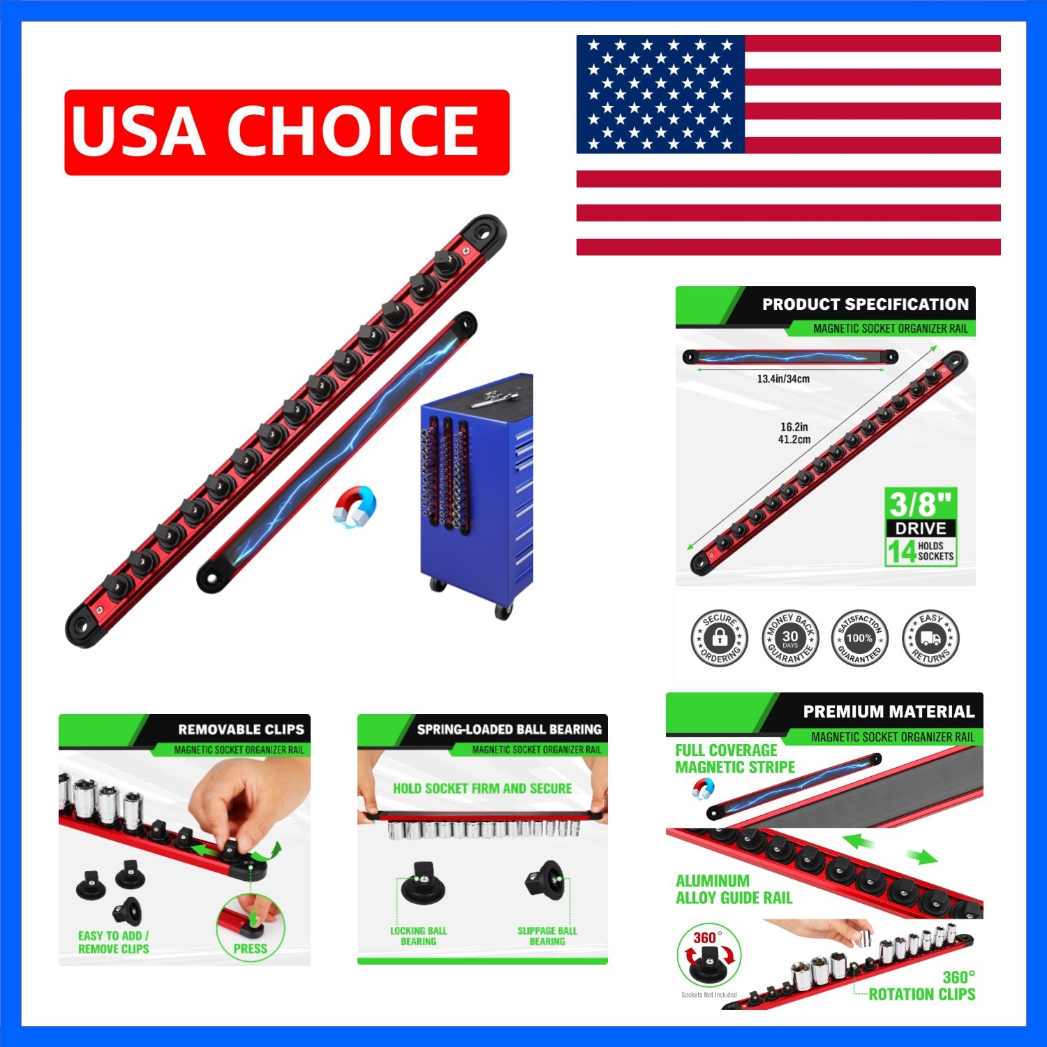 3/8-Inch Magnetic Socket Organizer Rail, Aluminum Alloy Socket Rail, Heavy Du...