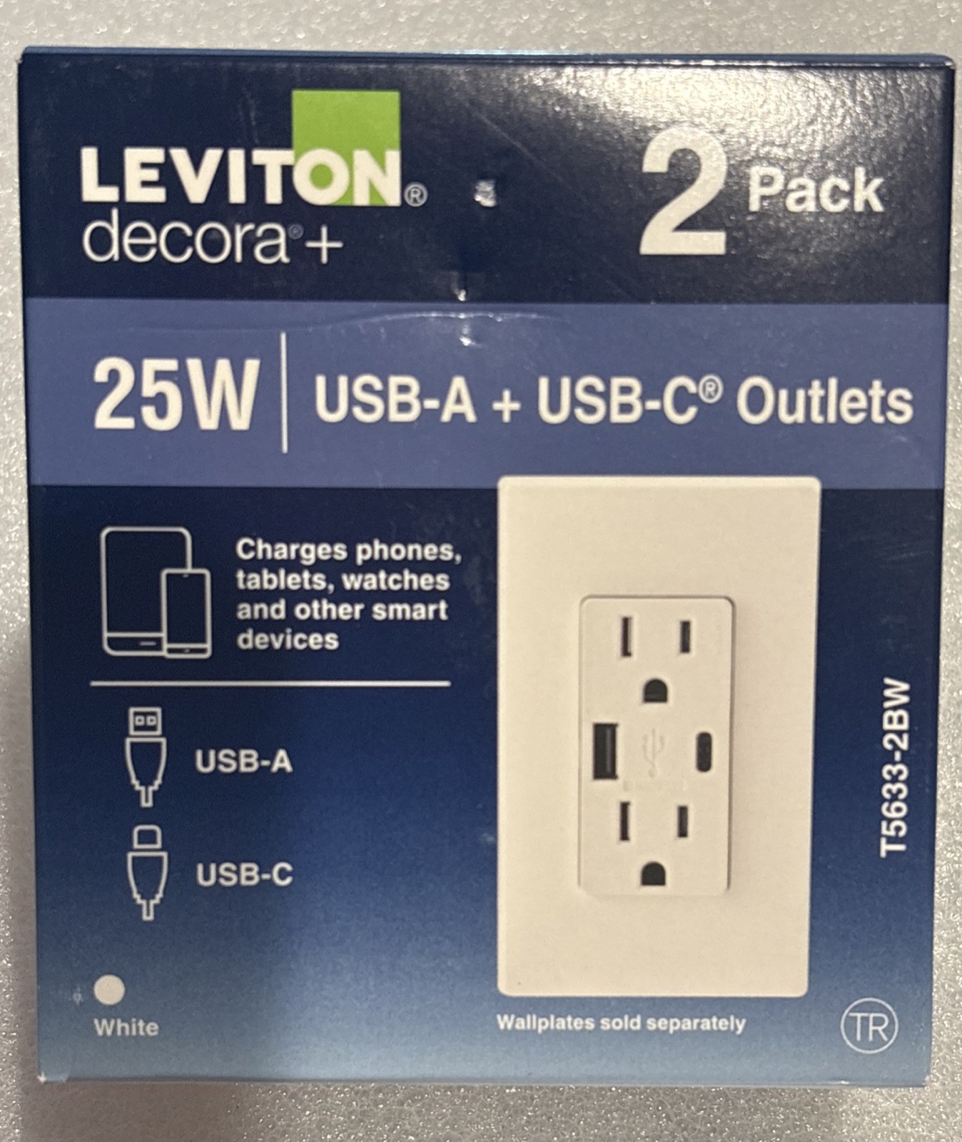 Leviton T5633-2BW 15A/120V  Duplex Outlet w 25W USB-A + USB-C  Color WHT-2 Pack
