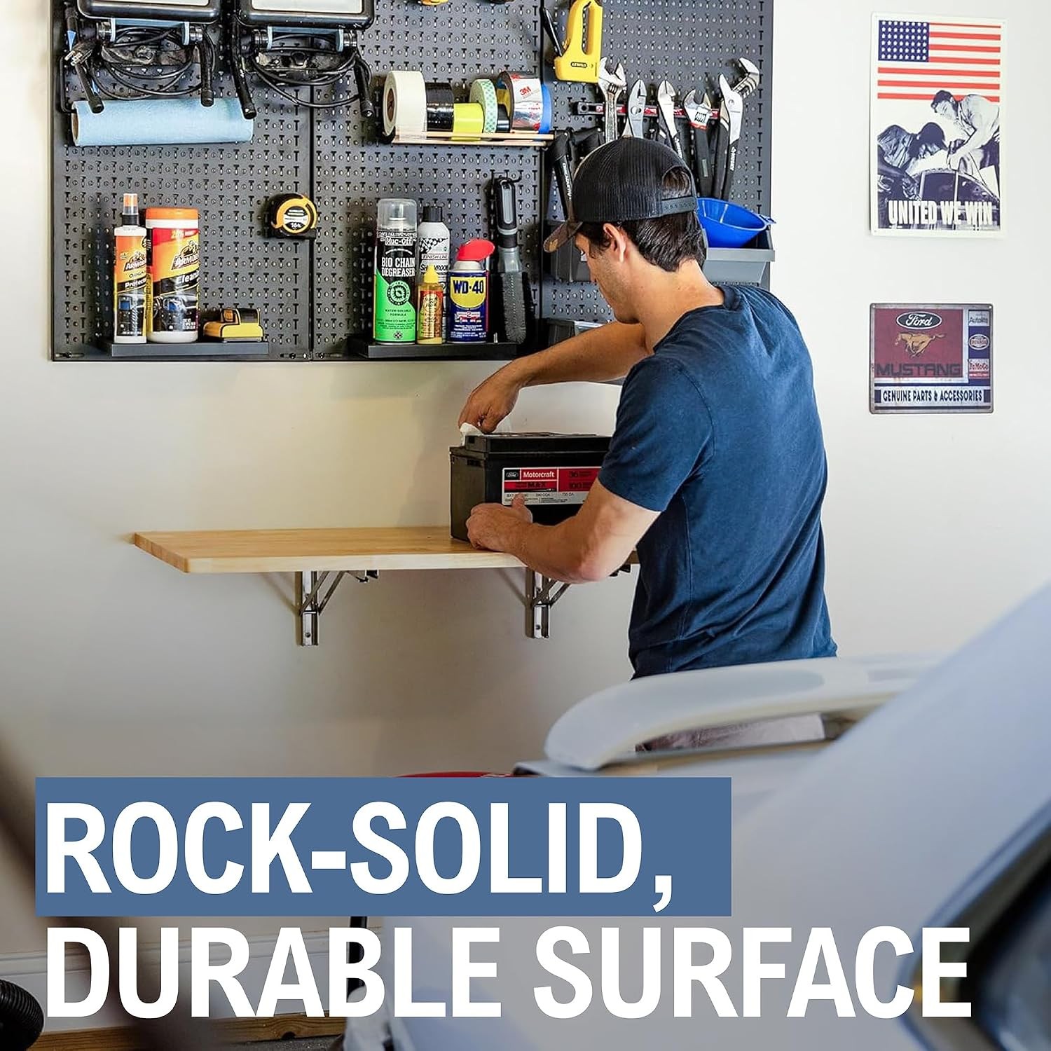 StoreYourBoard Wall Mounted Folding Workbench, Natural Wood Fold Down Work Table