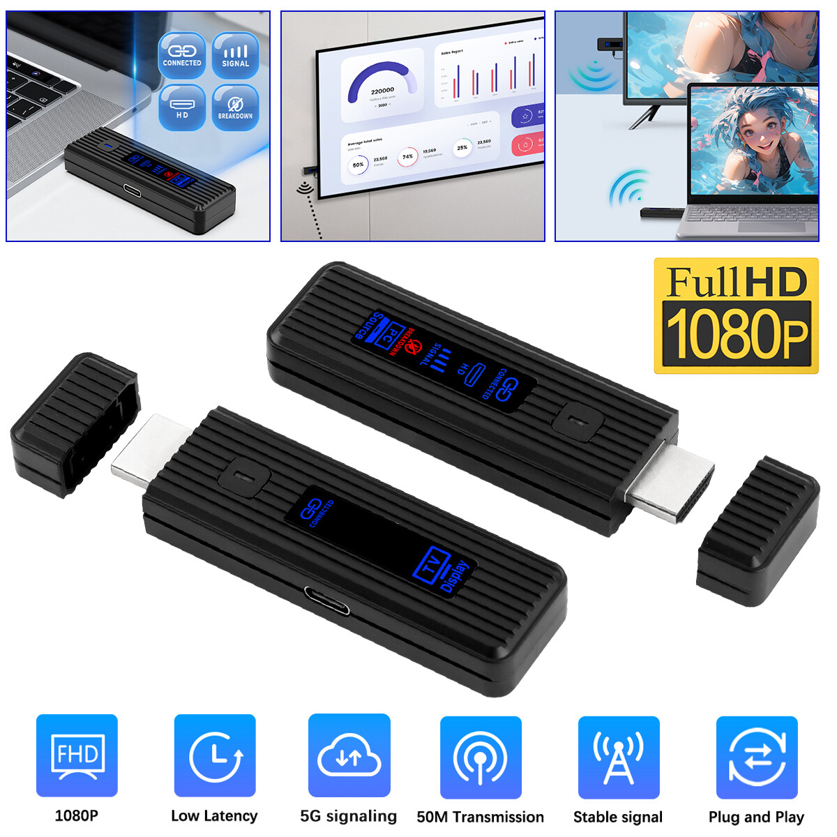 50M Wireless HDMI Video Transmitter & Receiver TV Stick Screen Share Extender