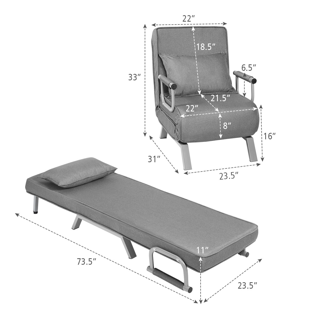 5 Position Convertible Sofa Chair Folding Sleeper Bed w/ Pillow Gray