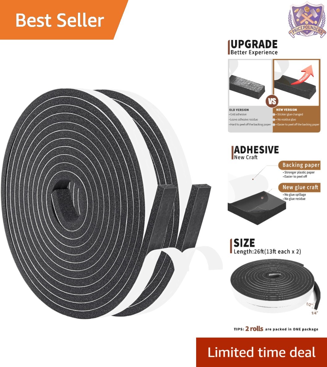 Foam Weather Stripping Adhesive 1/2x1/4 Inch 26 Feet for Insulation Doors Win...