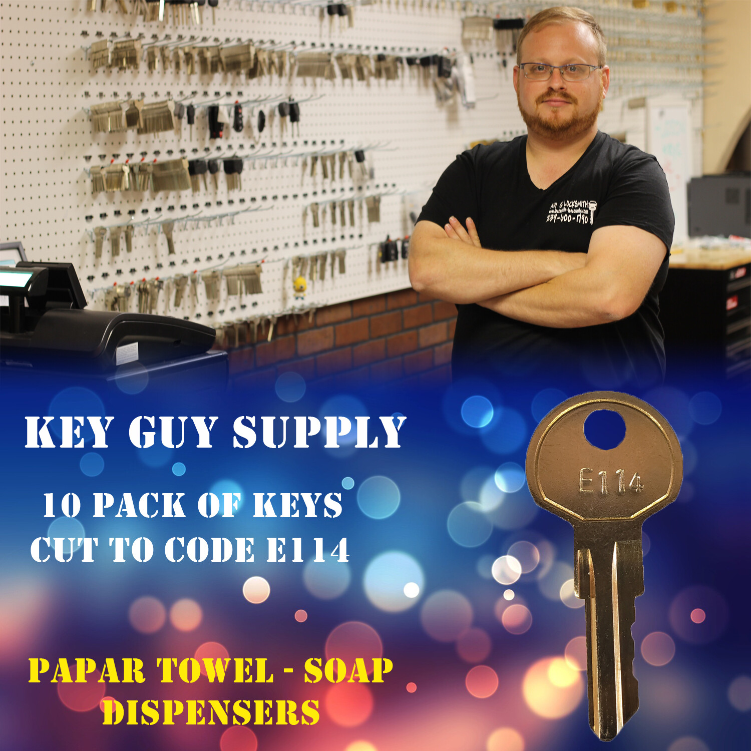 E114 Key for Paper Towel, Toilet Tissue & Soap Dispensers - 10 pack. locksmith.
