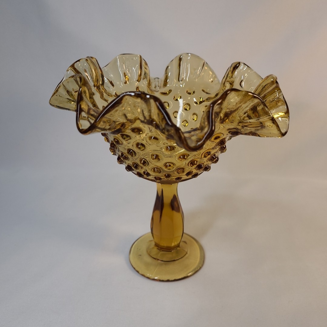 Vintage Amber Ruffled Hobnail Pedestal Compote Candy Dish 6"T