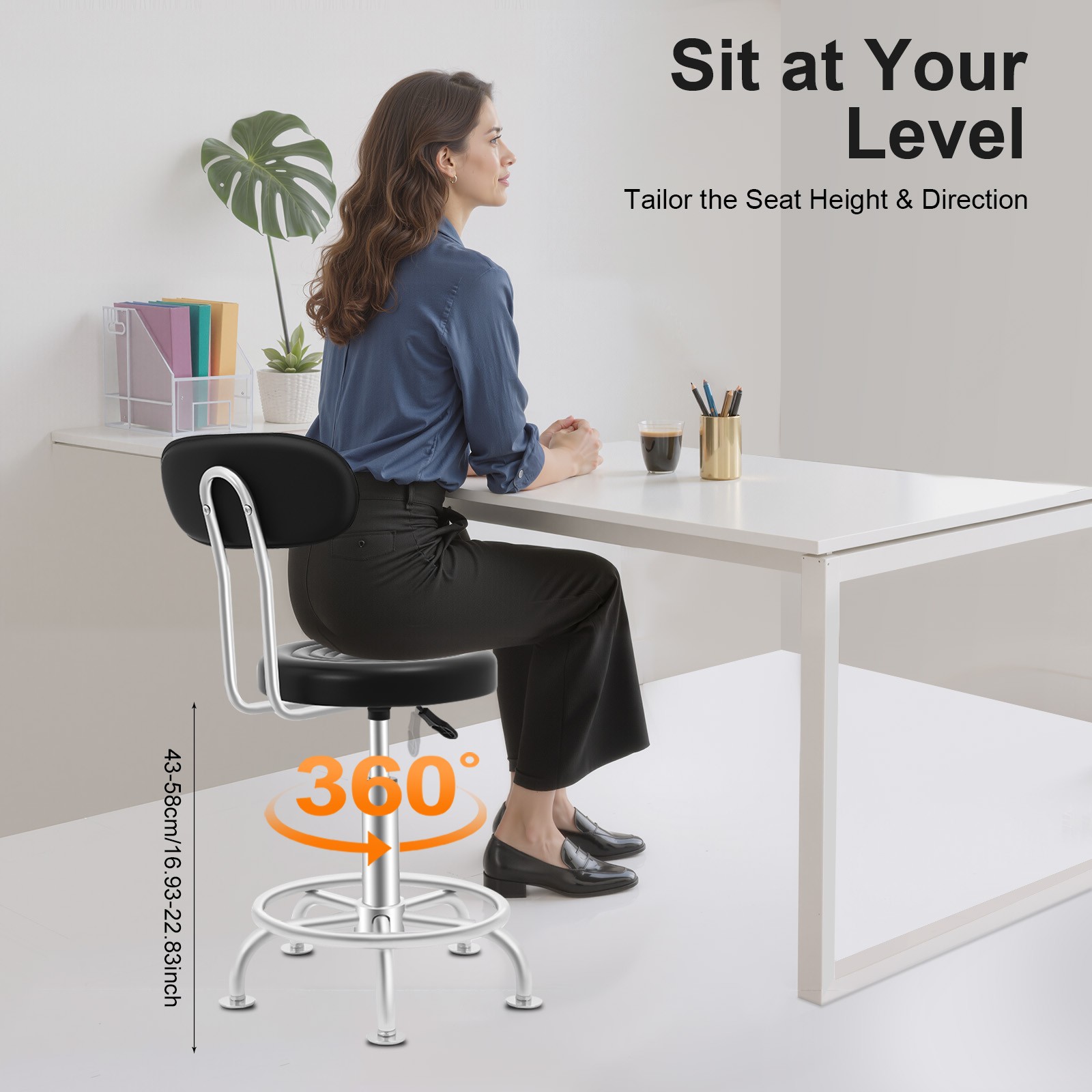 Work Shop Stool Rolling Chair Garage Seat Footrest Adjustable Height with Back