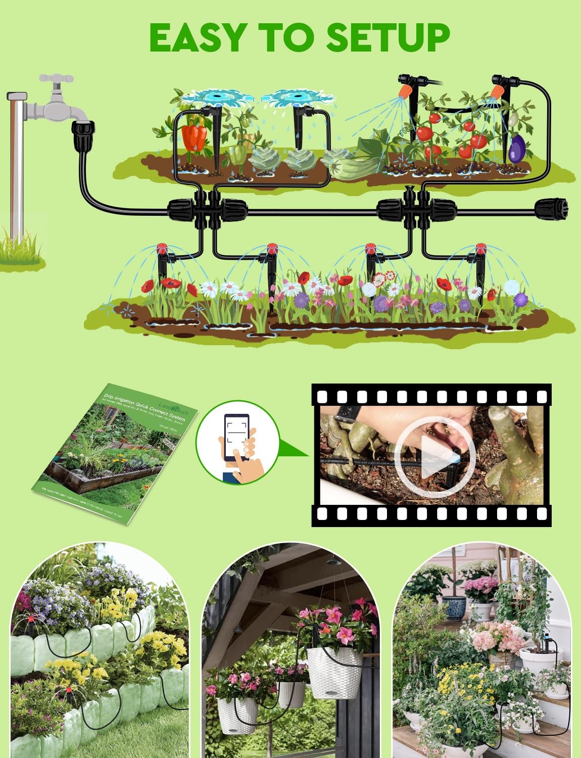 Landtouch Drip Irrigation System, 40FT 1/2" Mainline & 100FT 1/4" 140 FT
