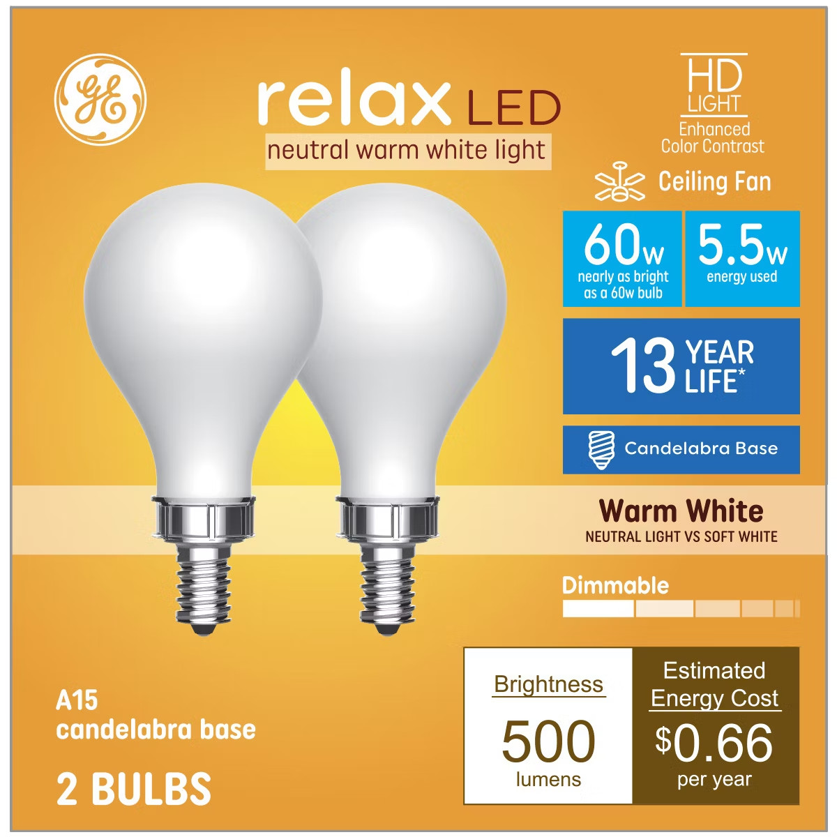 GE LED Light Bulb Relax 5.5W 60W Candelabra A15 93130848 Warm White NEW