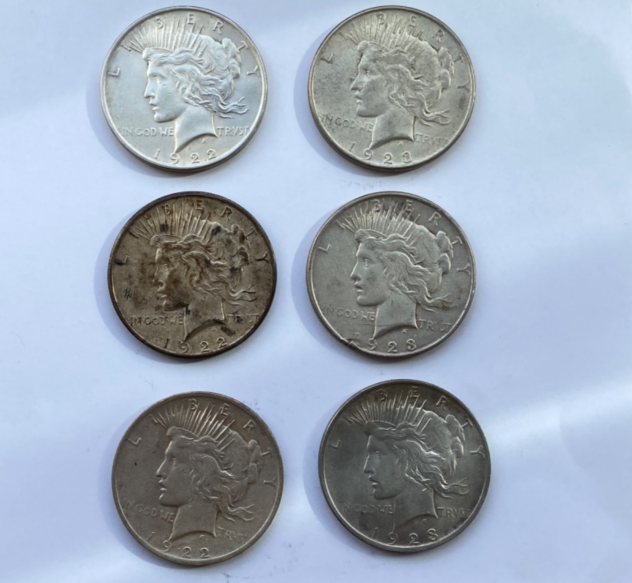 Peace Dollars (Lot of 6) 1922p x2 , 1922s, 1923p AU, 1923d x2 (1 w/ rim bump)