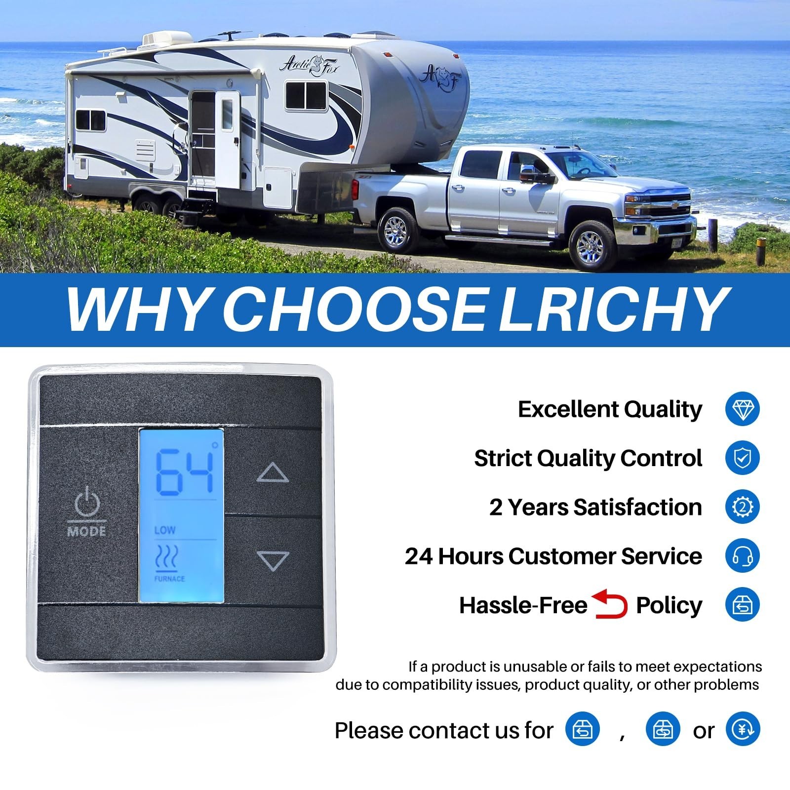 Upgraded 3-Wire RV Thermostat, 12VDC Digital Wall Control, Touch-Sensitive, Blue