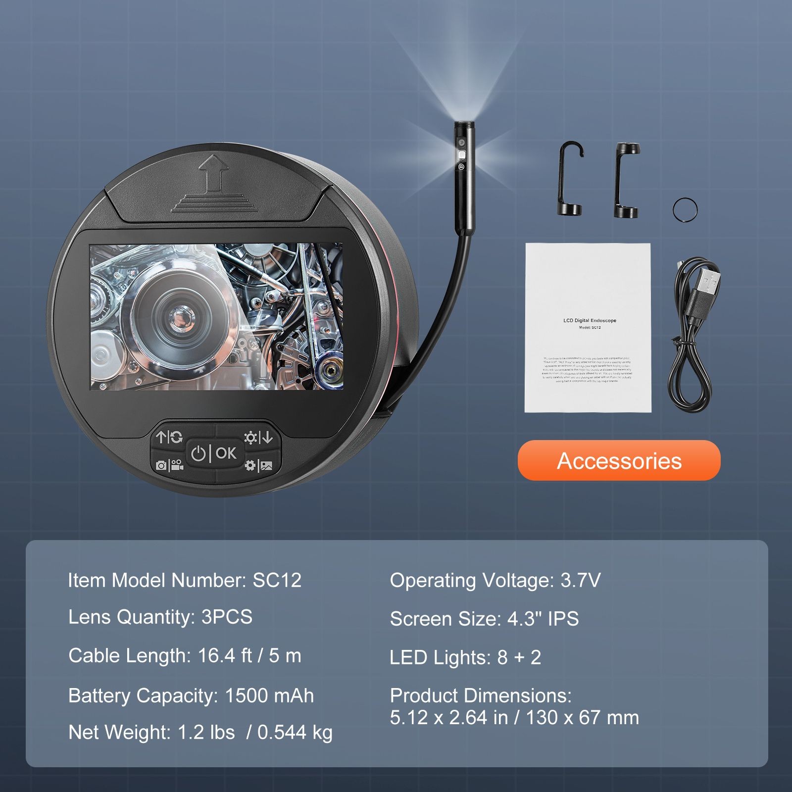 Triple Lens Borescope Camera 4.3in IPS Screen 16.4FT Cable