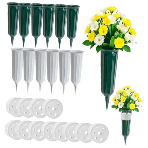 Cemetery Vases for Grave，Pack Cemetery Flower Holder with 12 Green+gray