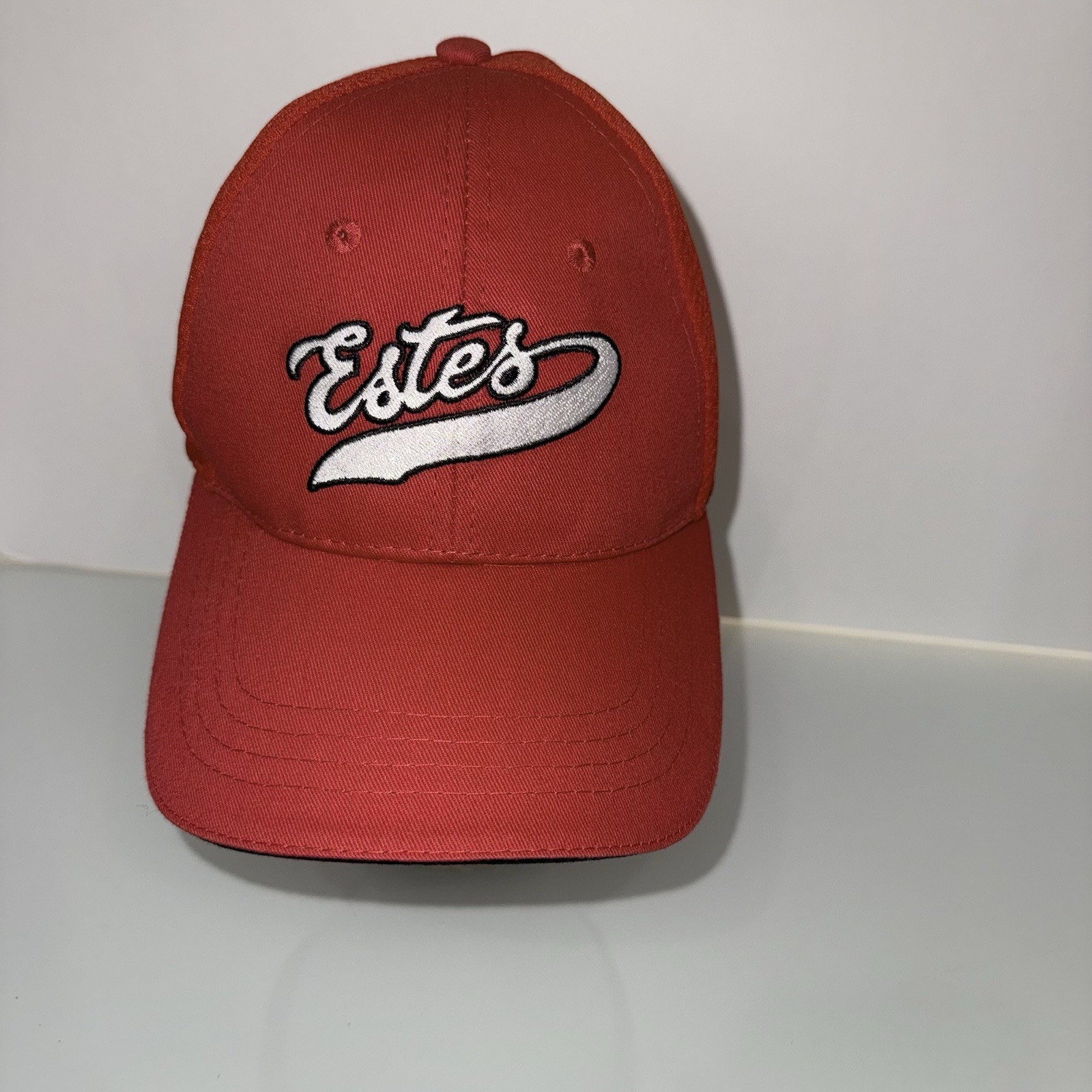 Estes Silver Script w Black On Red Hat Cap Polyester Cotton Hook Loop EUC