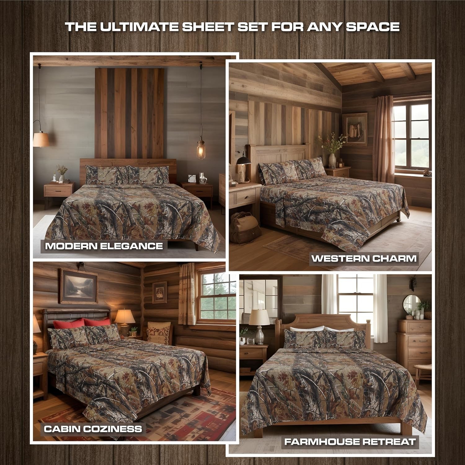 Realtree All Purpose Camo Bedding Queen Sheet Set 4 Piece Polycotton Rustic