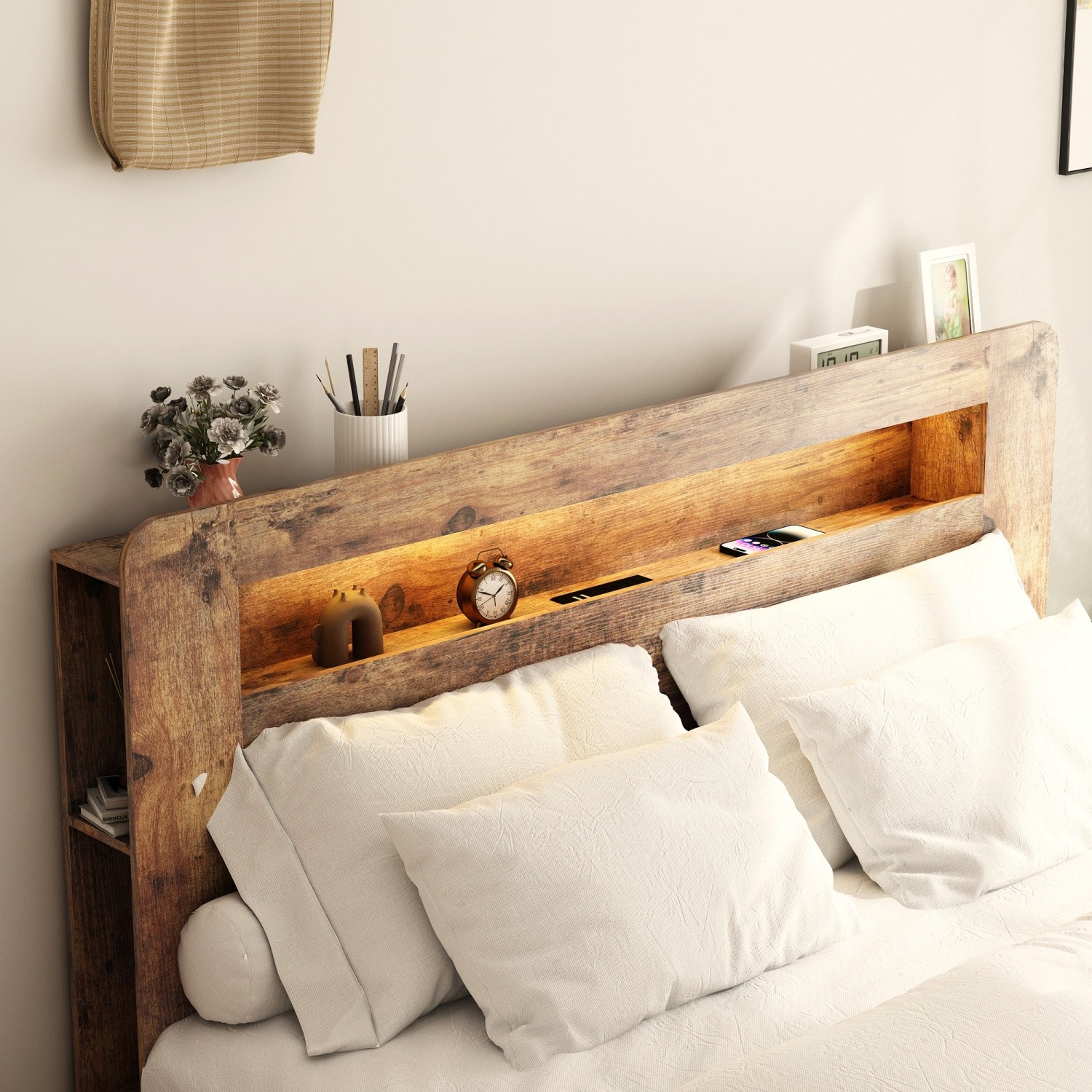 Full Size Bed Frame Wood Platform Bed w/ Storage LED Light Headboard & USB Ports