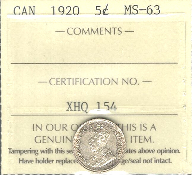 1920 Five Cents Silver ICCS MS-63 ** BEAUTIFUL King George V BETTER Date BU 5¢