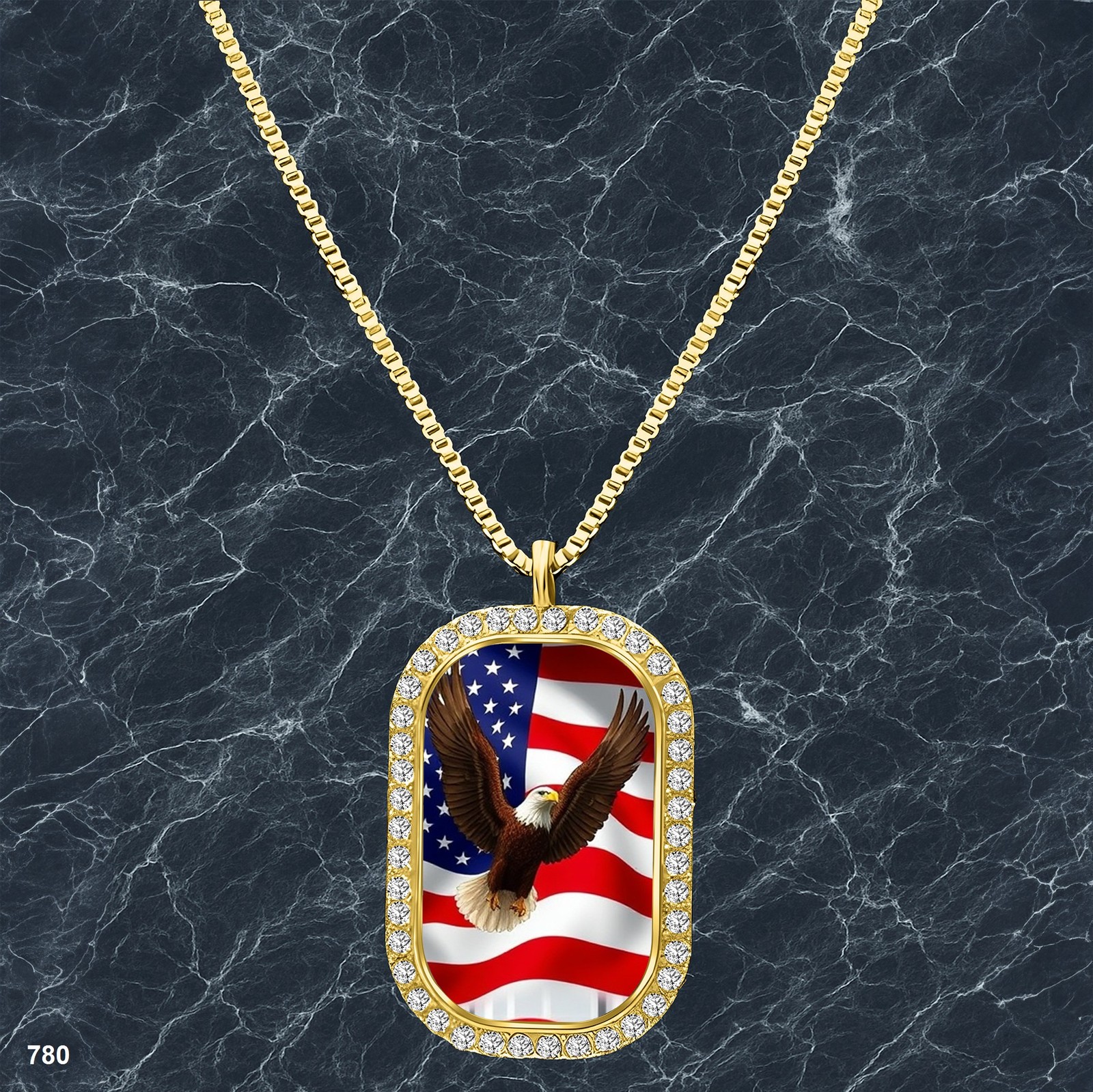 Gorgeous USA American Flag Pendant Necklace Printed Design Unique Gold Tone Pres