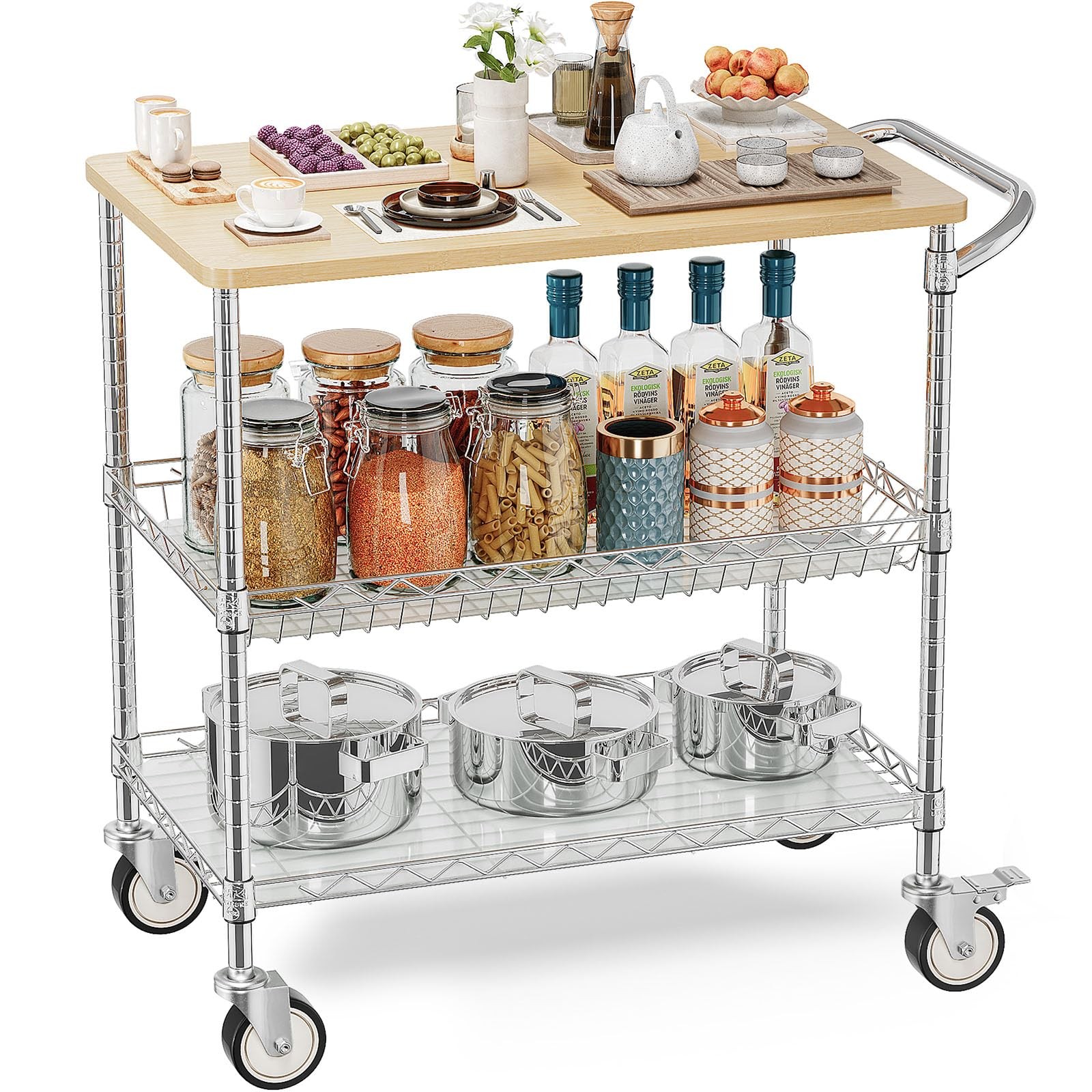Rolling Kitchen Storage Cart w/Wheels 34in x 17.5in 3Tier Chrome