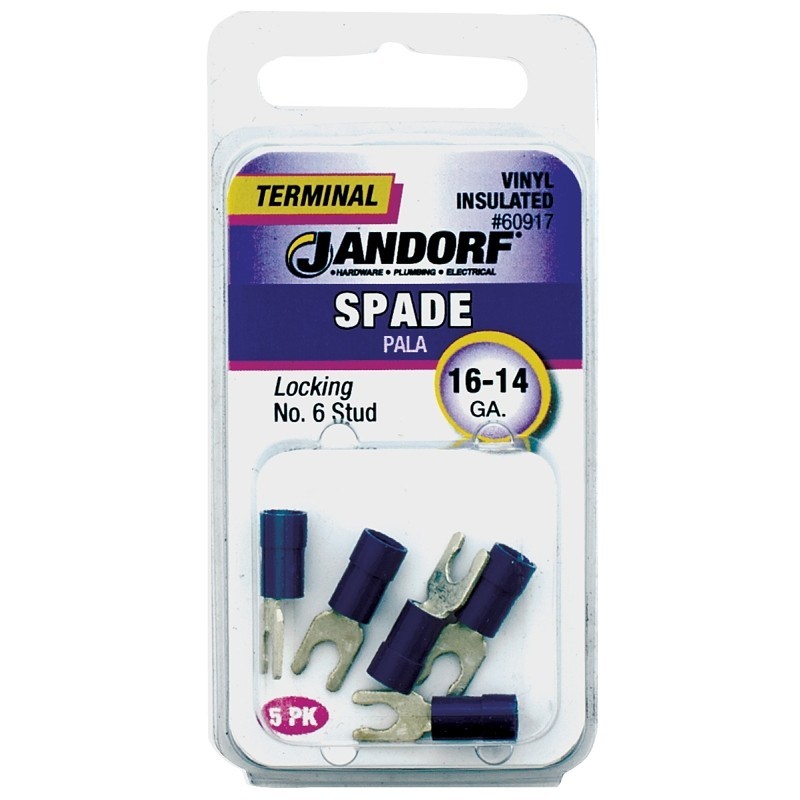 Jandorf 60917 Spade Terminal, 600 V, 16 to 14 AWG Wire, #6 Stud, Vinyl Insulatio