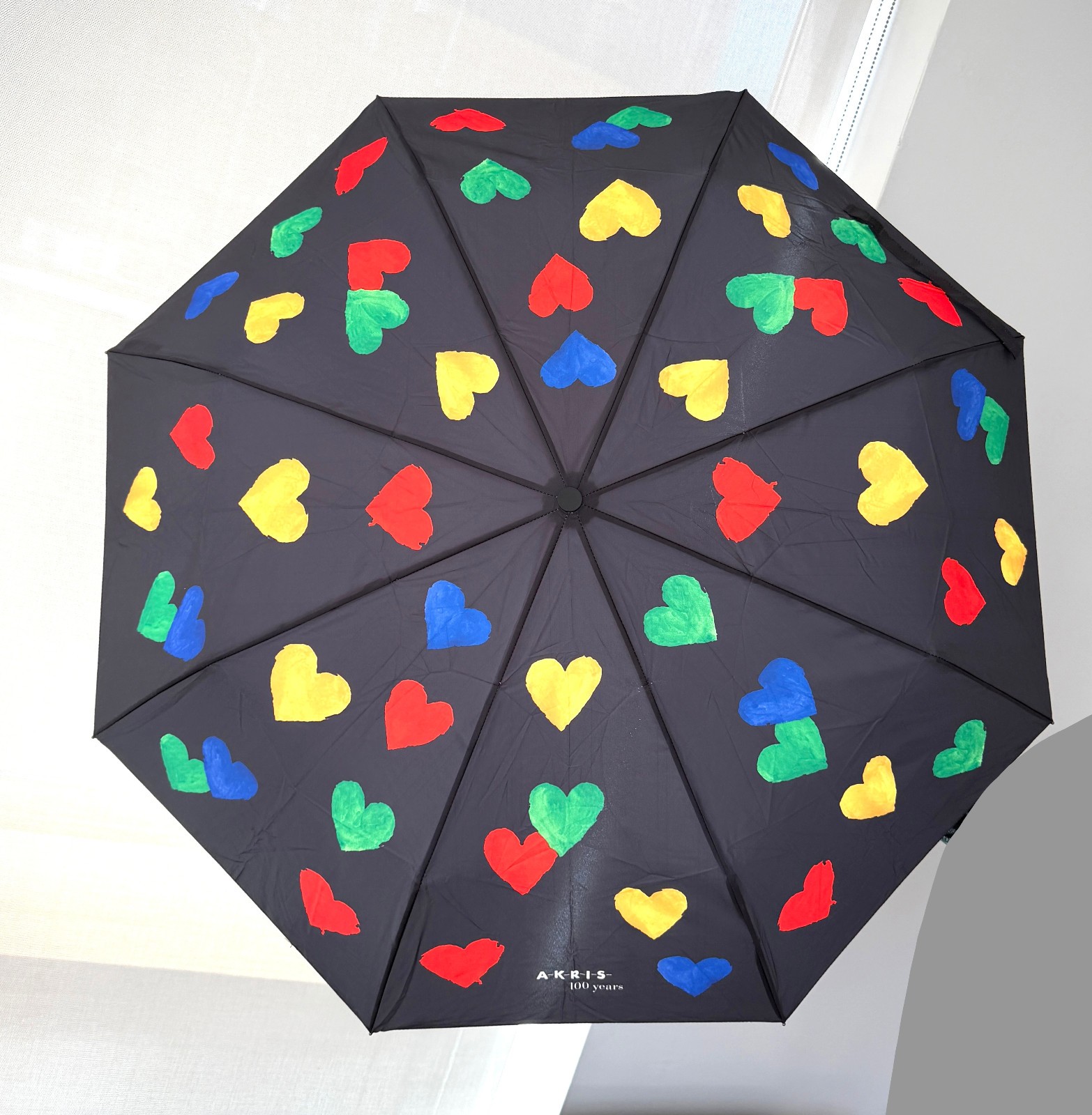 NWT Akris 100 Years Rainbow Hearts Dots Black Folding Umbrella Strotz Magicmatic