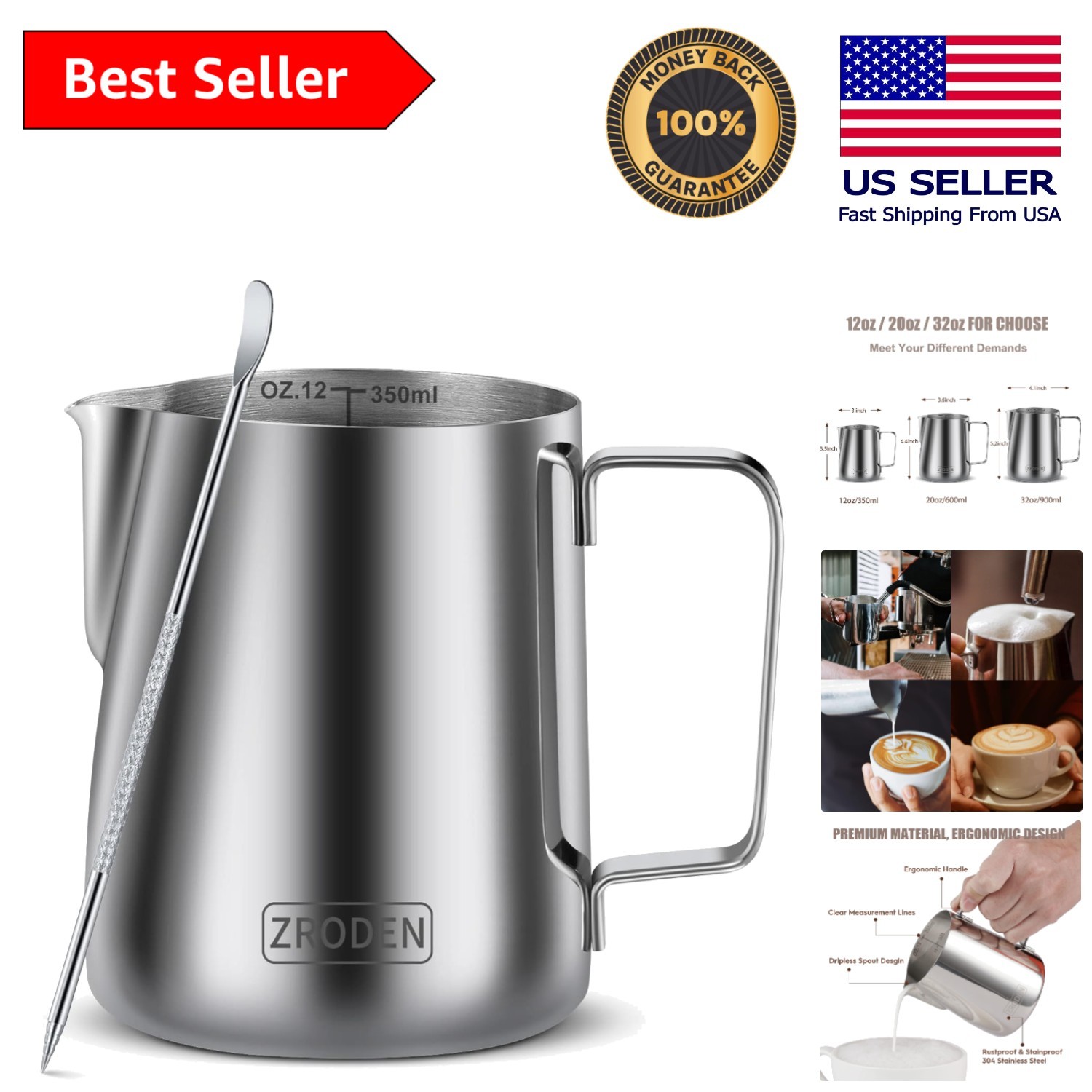 Versatile Milk Frothing Pitcher 12oz with Measured Markings & Latte Art Pen